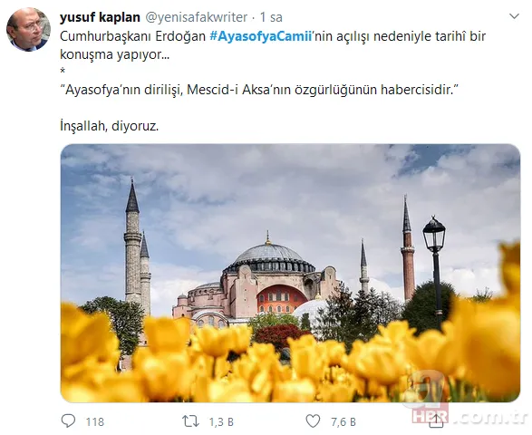Başkan Erdoğan'ın Ayasofya'yı ibadete açan imzayı atmasının ardından sosyal medyada destek mesajları yaptı 9