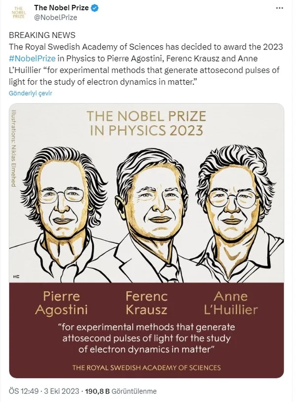 2023 Nobel Fizik Ödülü Pierre Agostini, Ferenc Krausz ve Anne L'Huillier'e verildi - 2
