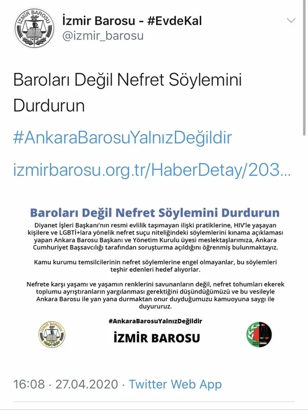 İzmir Barosu nefrette sınır tanımıyor! Diyanet İşleri Başkanı Prof. Dr. Ali Erbaş’ın zina ve eşcinsellik sözlerinden rahatsız oldular
