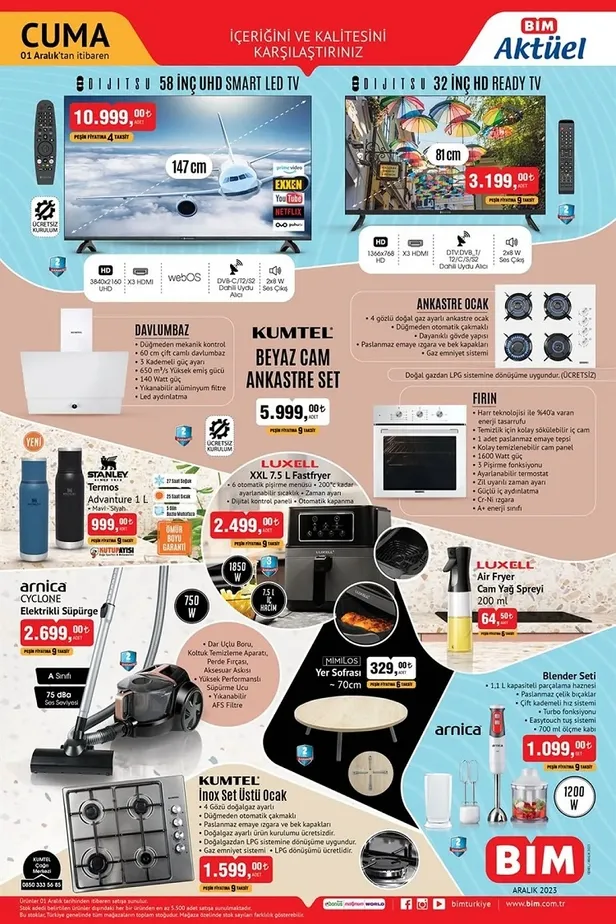 1 Aralık BİM aktüel ürünler kataloğu yayınladı! BİM’de 3.199 TL’ye Smart TV, 5.999 TL’ye ankastre set, 2.499 TL’ye 7,5L airfryer ve daha fazlası satışta