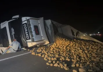 Köpeğe çarpmayım derken sürdüğü TIR'e devirdi! Pancarlar yola saçıldı!