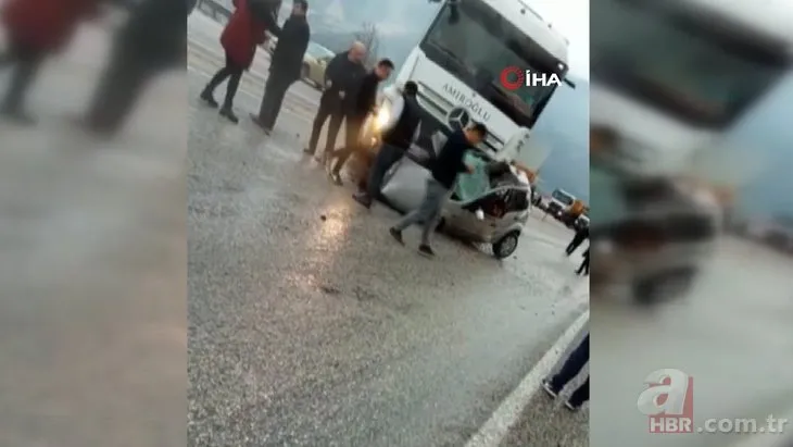 Korkunç kaza! Hafriyat kamyonu altına aldığı otomobili metrelerce sürükledi