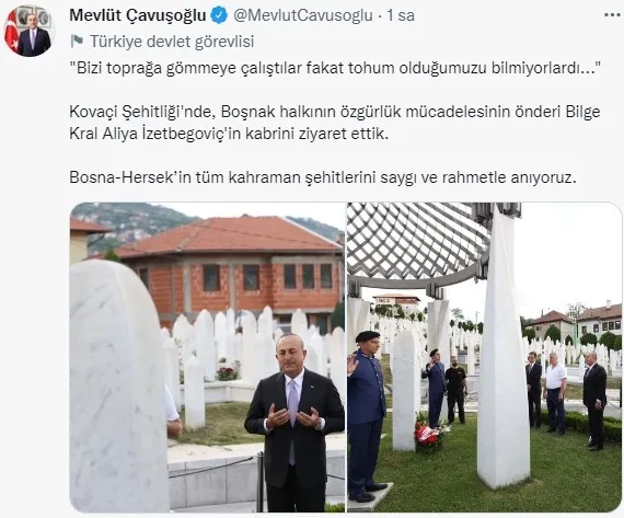 Bakan Mevlüt Çavuşoğlu, Aliya İzetbegoviç’in kabrini ziyaret etti
