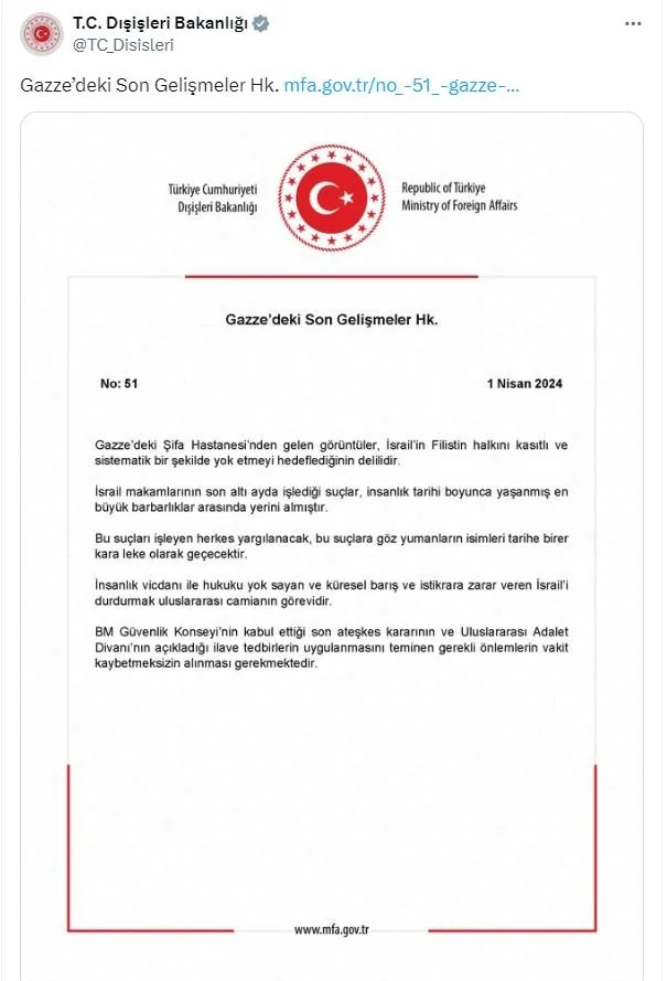 disislerinden-katil-israile-sifa-hastanesi-tepkisi-bu-suclari-isleyen-herkes-yargilanacak-1711990998130.jpeg Dışişleri Bakanlığı'ndan katil İsrail'e 'Şifa Hastanesi' tepkisi: "Bu suçları işleyen herkes yargılanacak" - 1