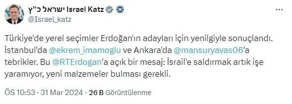 Katil İsrail’den Ekrem İmamoğlu ve Mansur Yavaş’a ilk tebrik! Türkiye düşmanları Başkan Erdoğan’ı alçakça hedef aldı