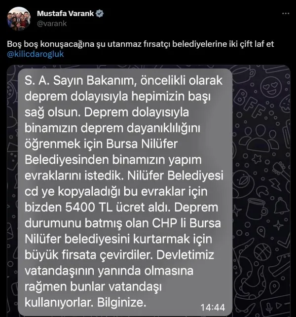 CHP’nin siyasi yağmacılığı sürüyor! Nilüfer Belediyesi’nden deprem fırsatçılığı: Evrak için 5400 TL!