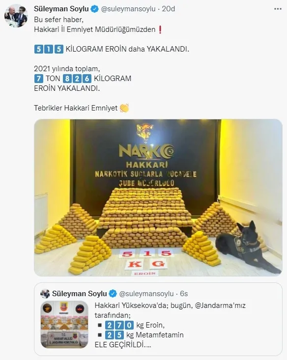 Bakan Süleyman Soylu: Hakkari'de 515 kilogram eroinin ele geçirildi - 1
