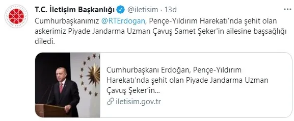 Başkan Erdoğan'dan şehit Piyade Jandarma Uzman Çavuş Samet Şeker’in ailesine taziye mesajı - 1
