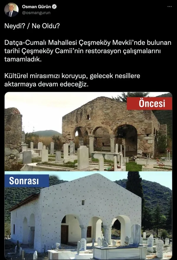 CHP’lİ Muğla Büyükşehir Belediyesi’nin Çeşmeköy Camii restorasyonu tartışma konusu oldu! Osman Gürün’e sosyal medyadan tepki yağıyor