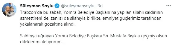 Son dakika: İçişleri Bakanı Süleyman Soylu duyurdu! Yomra Belediye Başkanı Mustafa Bıyık’a silahlı saldırı olayında flaş gelişme