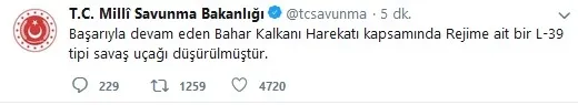 Son dakika: MSB: Rejime ait bir L-39 tipi savaş uçağı düşürülmüştür - 1
