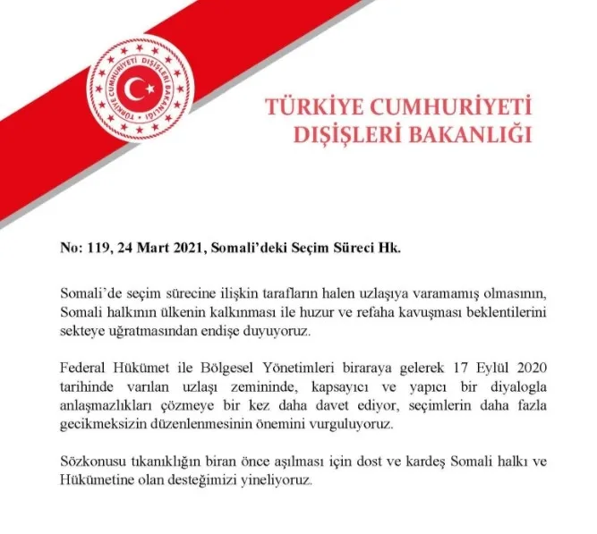 Dışişleri Bakanlığından Somali’deki seçim sürecine ilişkin son dakika açıklaması