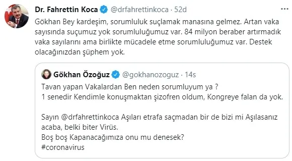 Sağlık Bakanı Fahrettin Koca’dan Athena grubunun solisti Gökhan Özoğuz’a yanıt
