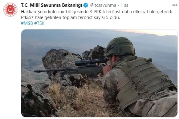 Son dakika: MSB’den flaş açıklama: Şemdinli’de öldürülen PKK’lılar Derecik’te işçilere saldıran terörist grup!
