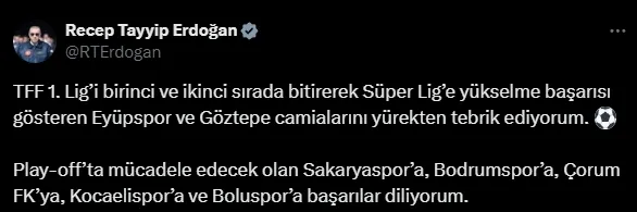 Başkan Erdoğan, Süper Lig’e yükselen Eyüpspor ve Göztepe’yi tebrik etti! İşte Play-Off eşleşmeleri...