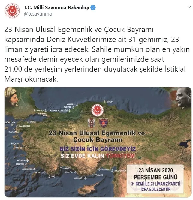 Milli Savunma Bakanlığı açıkladı: Saat 21.00’de 23 limanda İstiklal Marşı okunacak