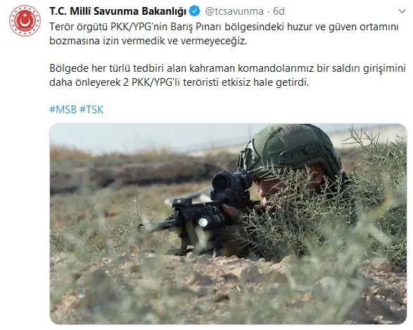 Son dakika: MSB: Barış Pınarı bölgesinde 2 PKK-YPG’li öldürüldü