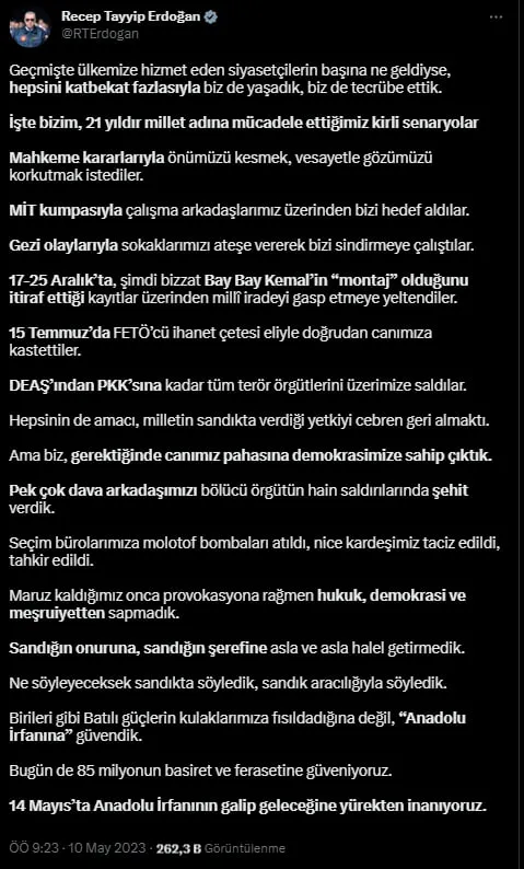 Son dakika | Başkan Erdoğan'dan sosyal medyada 14 Mayıs mesajı: 21 yıldır kirli senaryolarla mücadele ettik - 1