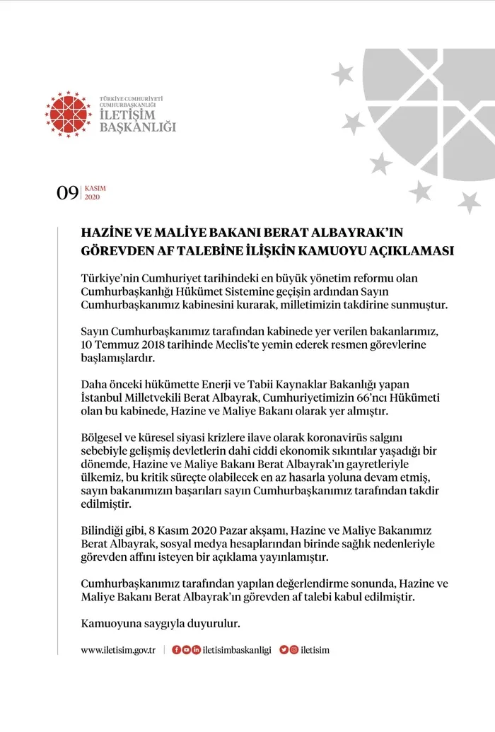 Son dakika: Hazine ve Maliye Bakanı Berat Albayrak’ın görevden af talebine ilişkin açıklama