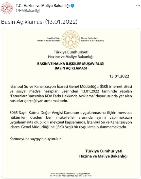 Hazine ve Maliye Bakanlığından İSKİ ve KDV açıklaması