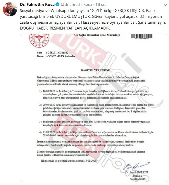 Son dakika: Sağlık Bakanı Fahrettin Koca'dan flaş açıklama: Sosyal medya ve Whatsapp’tan yayılan “gizli” belge gerçek dışıdır! - 1