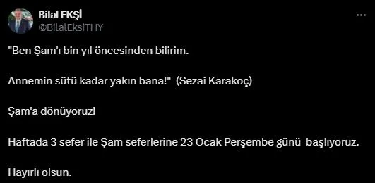 THY duyurdu: Şam’a uçuşlar başlıyor