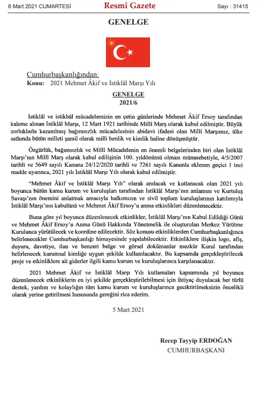 Son dakika: Başkan Erdoğan imzaladı! 2021 yılının adı Mehmet Akif ve İstiklal Marşı yılı oldu