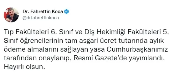 Bakan Koca’dan müjde! Resmi Gazete’de yayımlandı! Tıp 6. sınıf öğrencileri ile diş hekimliği 5. sınıf öğrencileri tam 5.500 TL...