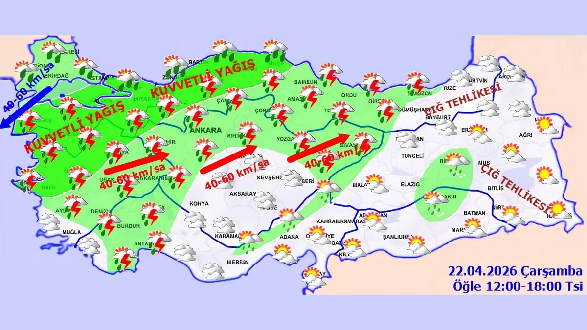 22-nisan-carsamba-hava-durumu-kuvvetli-yagislar-hangi-illeri-etkileyecek-1776836352916.jpg 22 Nisan yurt geneli hava durumu raporu saat 12:00-18:00 (Fotoğraf: MGM)