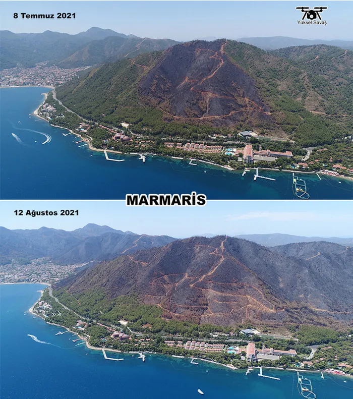 Marmaris’te yangından geriye kalanlar: Yeşilliklerin içindeki 30 ev küle döndü! Havadan böyle görüntülendi