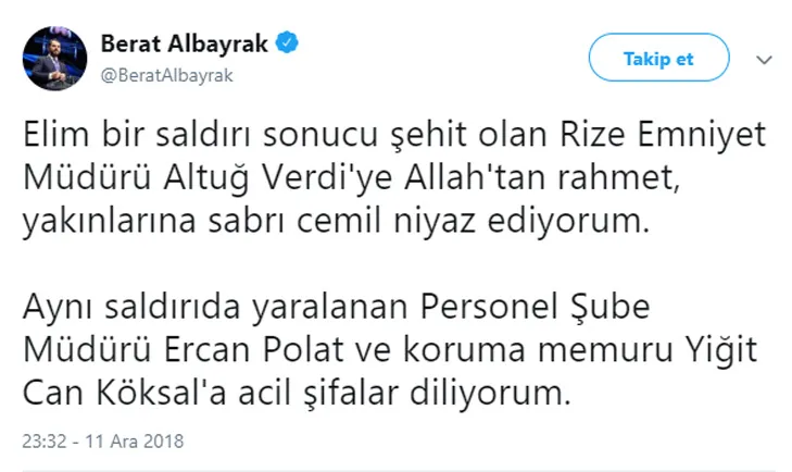 Bakan Albayrak’tan şehit Rize Emniyet Müdürü Altuğ Verdi için başsağlığı mesajı