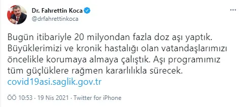 Son dakika: Sağlık Bakanlığı duyurdu! Koronavirüs aşılamasında 20 milyon geçildi
