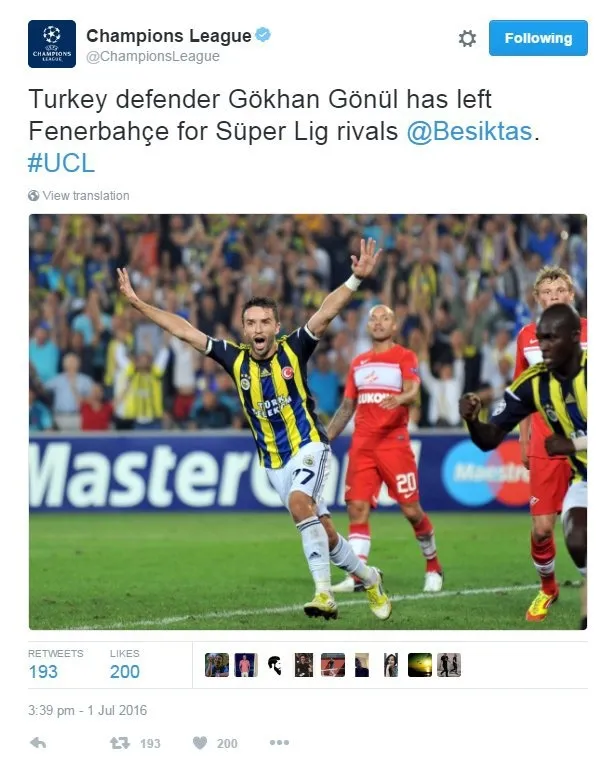 Şampiyonlar Ligi hesabından Gökhan Gönül paylaşımı! - 1