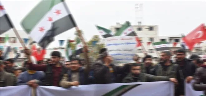 Münbiç’te halk terör örgütü YPG/PKK ve Esad rejimini protesto etti