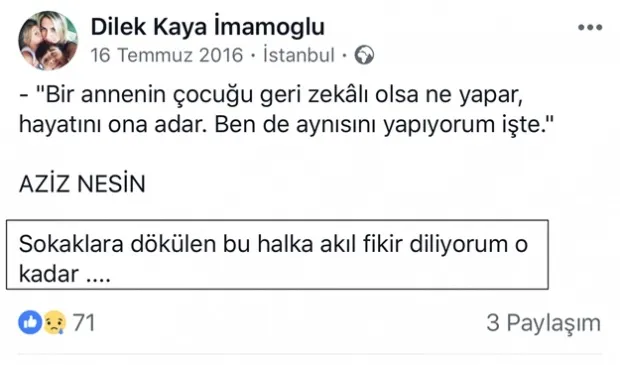 Ekrem İmamoğlu’nun eşi Dilek İmamoğlu’ndan 15 Temmuz gecesi skandal paylaşımlar