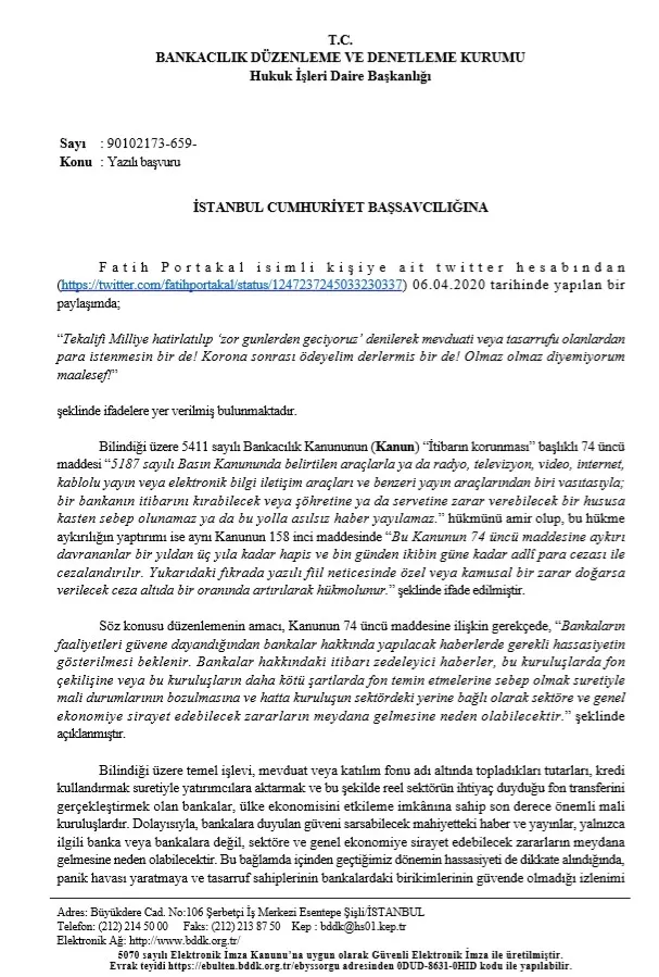 Bankacılık Düzenleme ve Denetleme Kurumu Fatih Portakal hakkında suç duyurusunda bulundu