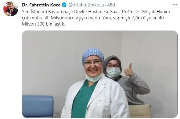Sağlık Bakanı Fahrettin Koca 40 milyonuncu aşıyı yapan doktoru paylaştı - 1