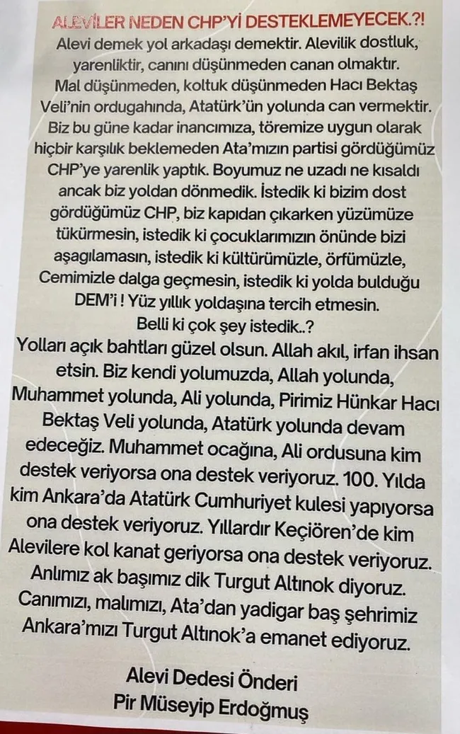 Ankara’daki Aleviler Turgut Altınok’u destekleme kararı aldı! Alevilerden CHP’ye oy yok: DEM’i bize tercih ettiler