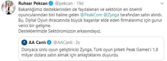 Son dakika: Ticaret Bakanı Ruhsar Pekcan’dan Peak Games’in satışıyla ilgili açıklama: Gurur verici!