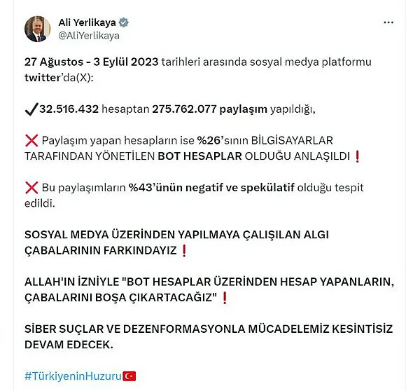 İçişleri Bakanı Ali Yerlikaya’dan sosyal medya açıklaması