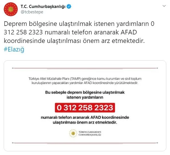 Cumhurbaşkanlığı Elazığ depremi sonrası bu numarayı paylaştı - 1