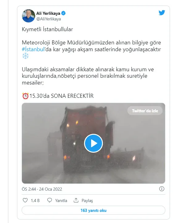 Son dakika: İstanbul Valiliği’nden kar yağışı sonrası flaş karar! Mesai 15.30’da sona erecek