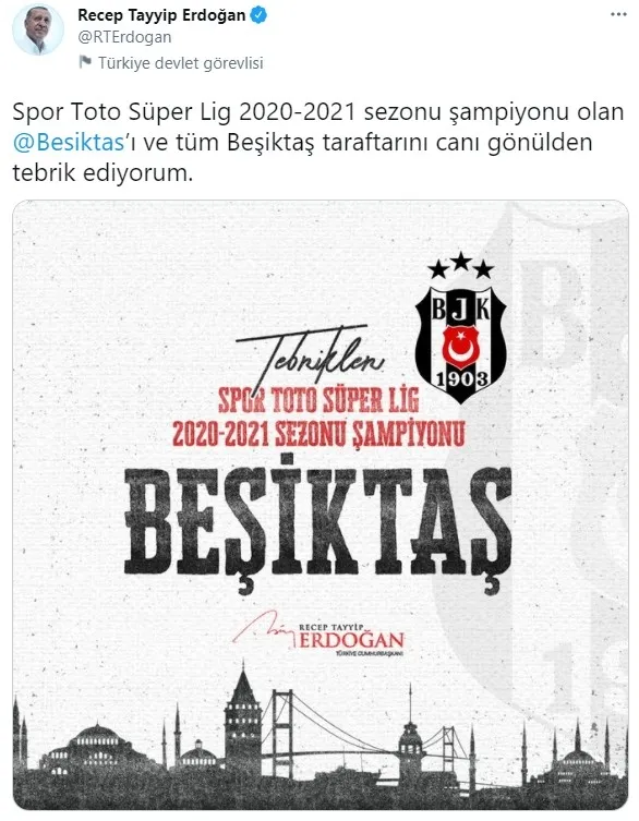 Son dakika: Başkan Erdoğan’dan şampiyon Beşiktaş’a tebrik