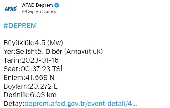 Arnavutluk’ta deprem meydana geldi! AFAD açıkladı | 2023 son depremler listesi