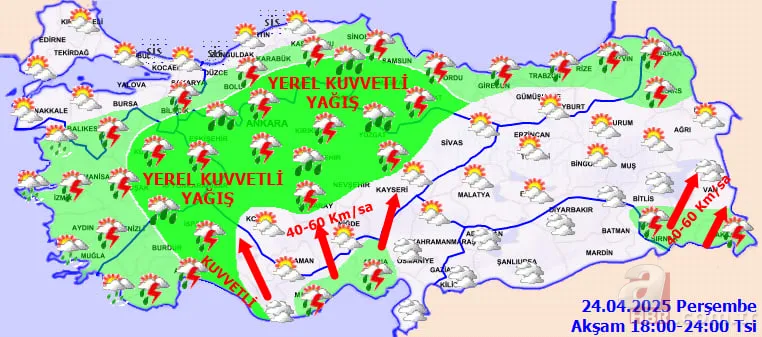 Gök gürültülü sağanak vuracak! 20 il için sarı kodlu fırtına uyarısı geldi: Meteoroloji 24 Nisan hava durumu 11