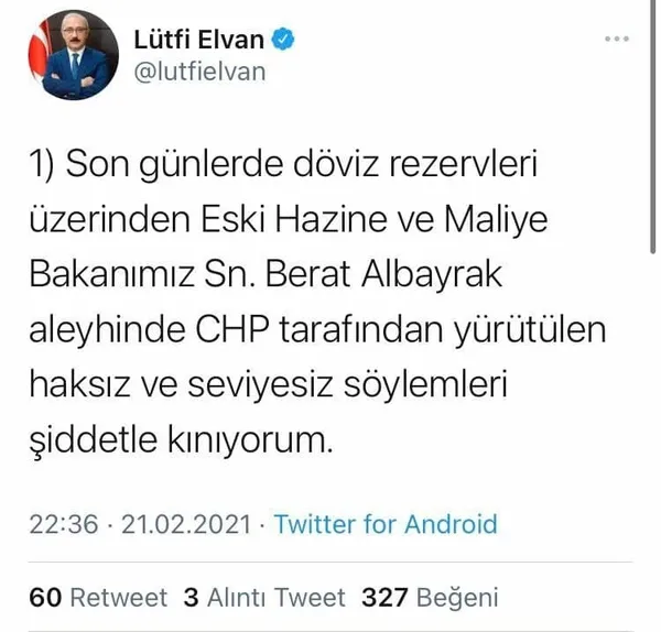 Hazine ve Maliye Bakanı Lütfi Elvan’dan Berat Albayrak’ı hedef alan CHP’ye kınama