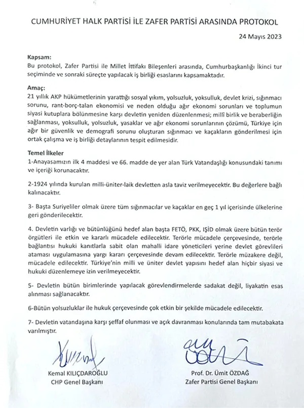 Ümit Özdağ Kemal Kılıçdaroğlu ile imzalanan gizli protokol metnini paylaştı! İşte CHP’nin Zafer Partisi’ne vadettiği koltuklar...