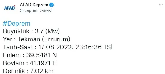 Erzurum'da deprem! AFAD açıkladı | 2022 AFAD SON DEPREMLER - 2