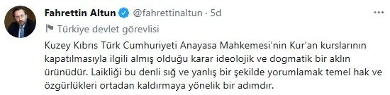 İletişim Başkanı Fahrettin Altun'dan KKTC AYM'sinin Kur’an kursu kararına sert tepki: İdeolojik ve dogmatik! - 1