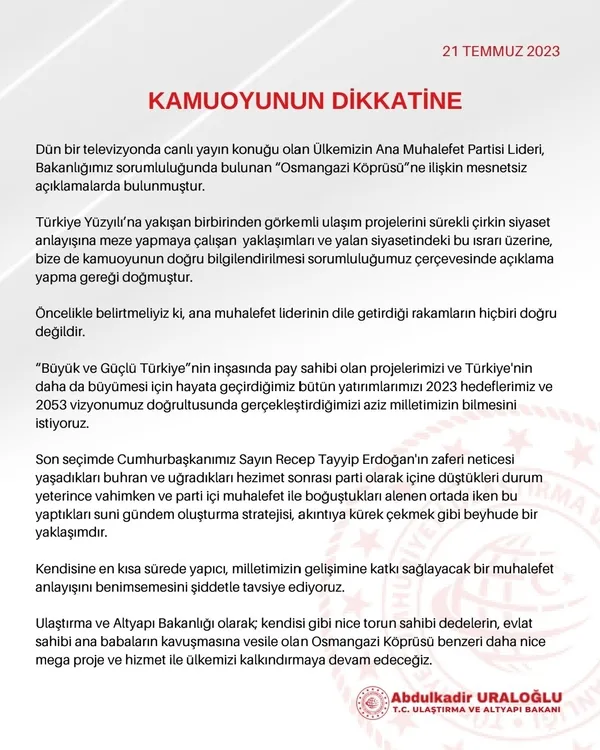 Ulaştırma ve Altyapı Bakanı Abdulkadir Uraloğlu’ndan Kılıçdaroğlu’na Osmangazi Köprüsü yanıtı: Beyhude bir yaklaşım